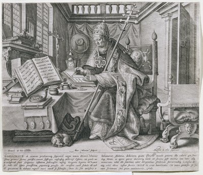 Pope Gregory I, the Great in his Study (c.540-604) (engraved by Anton Wierix, pub. by Gerard de Jode) by Maarten de Vos